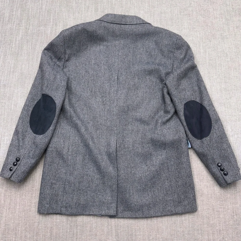 Vintage Made in USA Herringbone Tweed Blazer Grey Blue Elbow Patches 44L